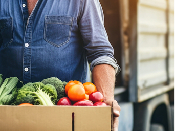 Person holding box of fruit and vegetables